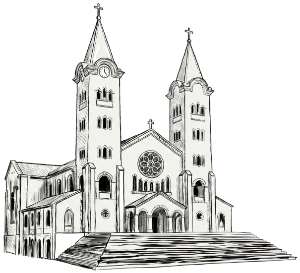 Desenho a traço do Santuário de Nossa Senhora da Abadia, em Romaria