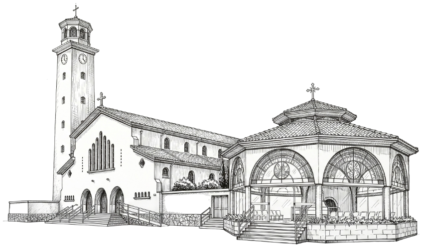 Desenho a traço do Santuário Arquidiocesano da Saúde e da Paz, com o memorial do Beato